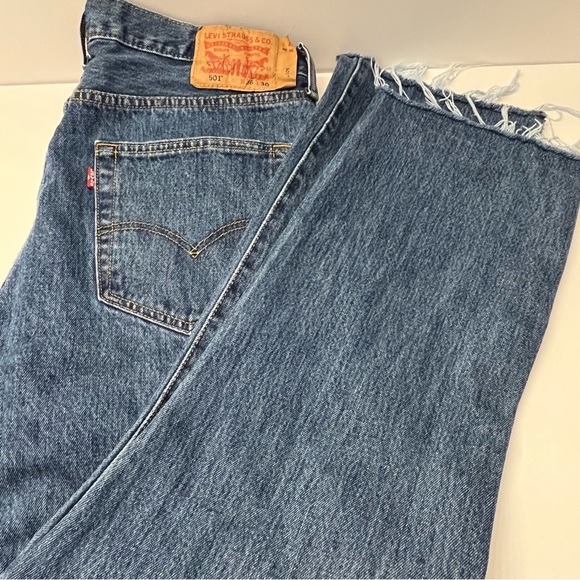 Levis Mens 501 Button Fly Denim Blue Jean W36 Raw Hem Cut Bottoms Red Tab - Picture 12 of 12